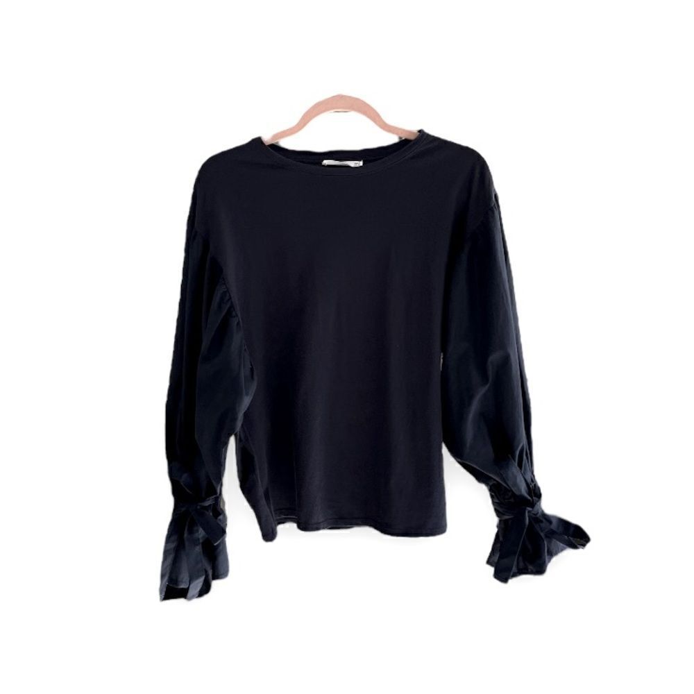 MANGO | 100% Cotton Black Lantern Tie Sleeve Top (S)